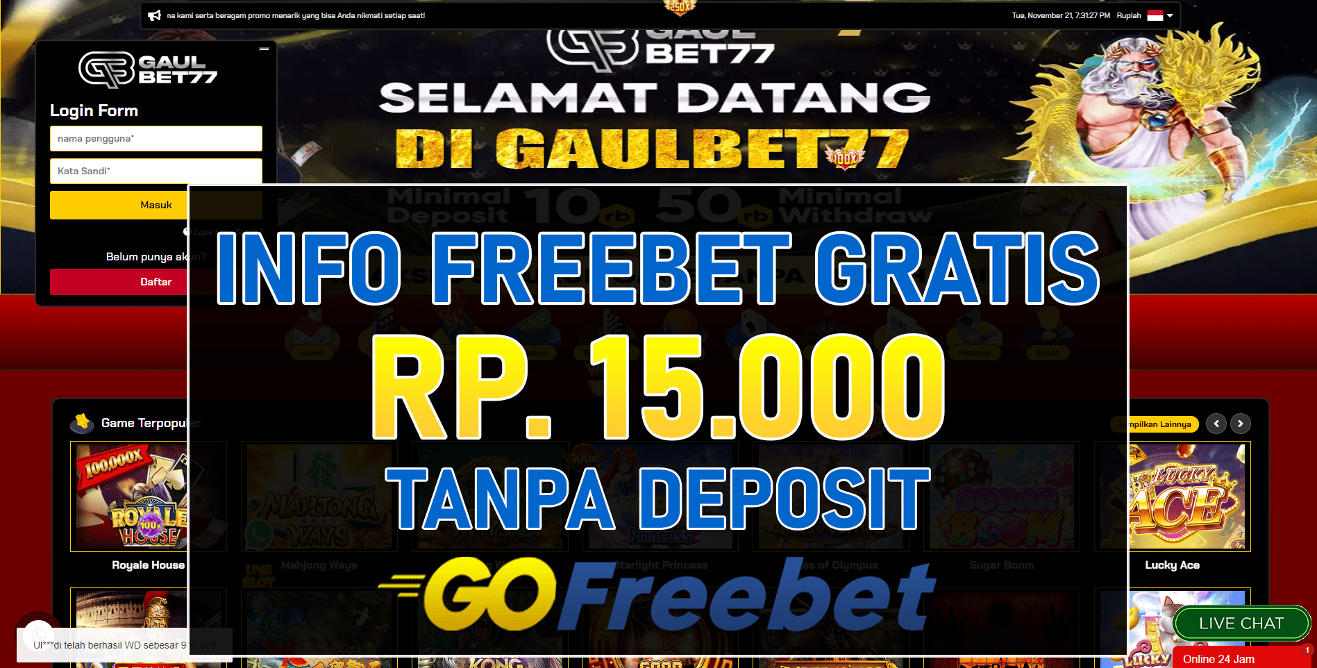 Gaulbet77 Freebet Gratis Rp 15.000 Tanpa Deposit