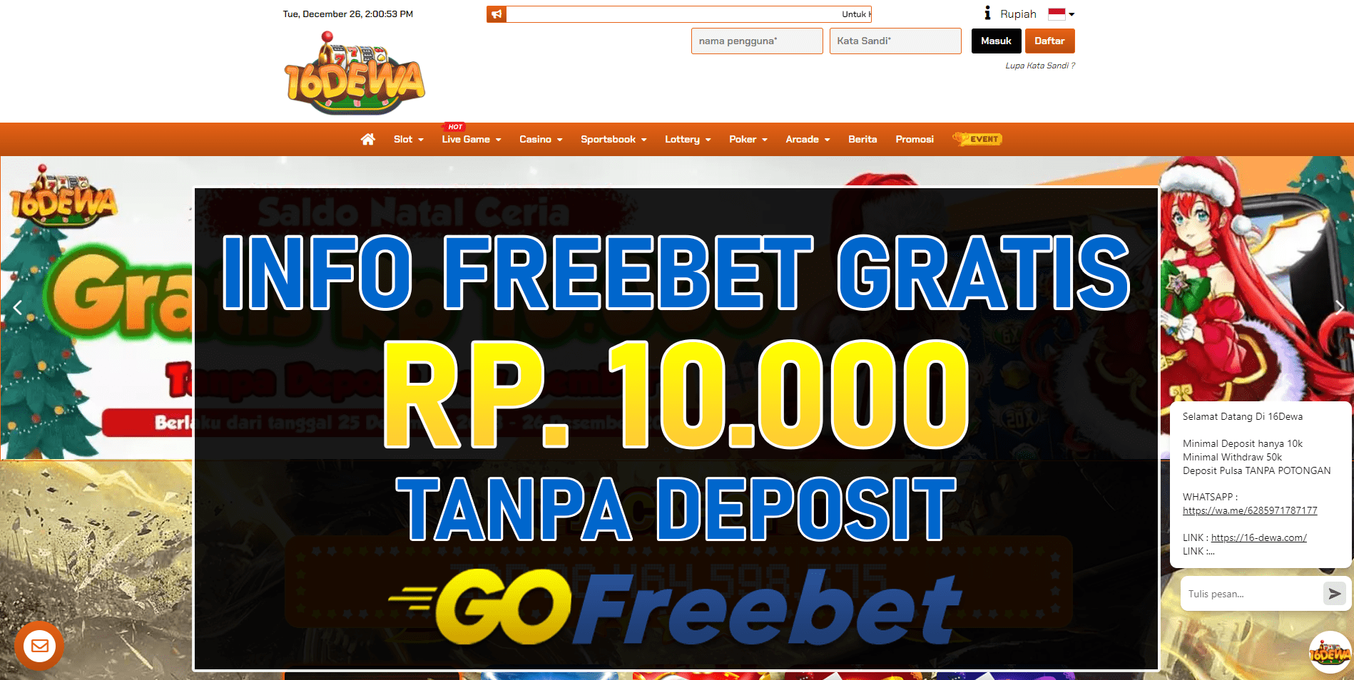 16Dewa Freebet Gratis Rp 10.000 Tanpa Deposit