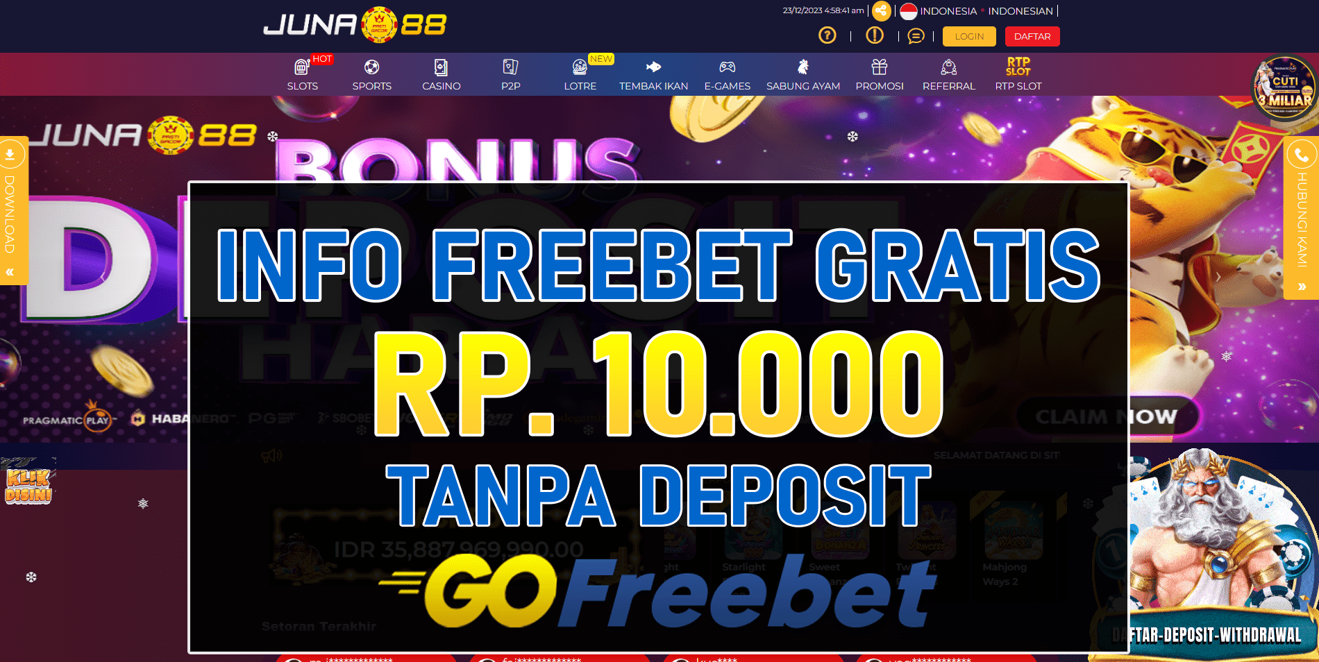 Juna88 Freebet Gratis Rp 10.000 Tanpa Deposit